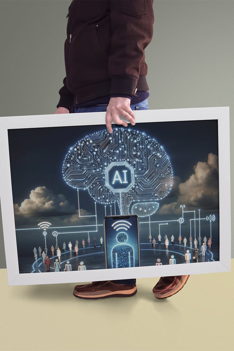 Person holding a framed digital artwork of AI-powered network